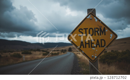 Caution Sign Warning for Impending Storm on Road Surrounded by Nature and Dramatic Sky 128712702