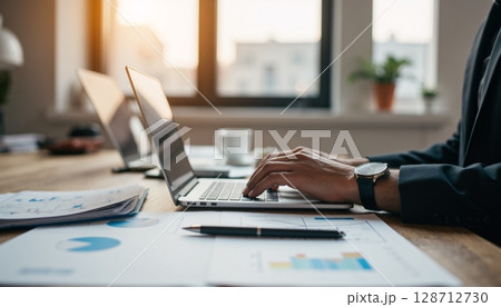 Professional Businessman Working on Laptop in Modern Office with Charts and Natural Light 128712730