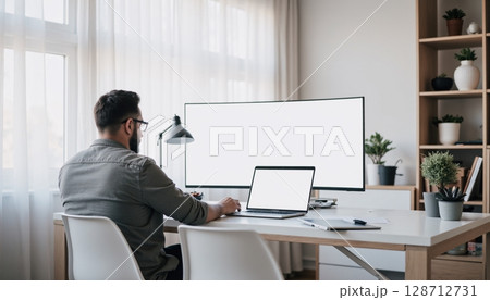 Professional Man Working at Desk with Laptop and Large Monitor in Modern Home Office 128712731
