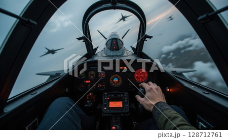 Pilot in Cockpit of Aircraft Surrounded by Fighter Jets in Dramatic Sky at Sunset 128712761