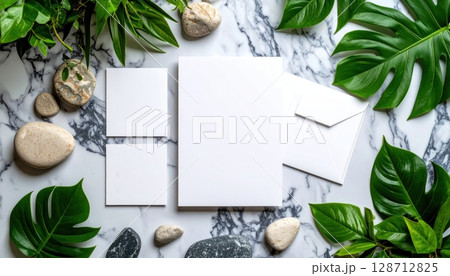 Vintage blank notebook with green leaves on a wooden background for recipes or notes 128712825