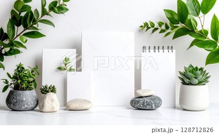 Vintage blank notebook with green leaves on a wooden background for recipes or notes 128712826