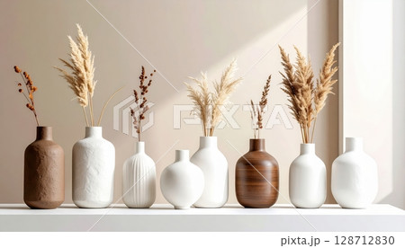 A beautiful still life of a spring bouquet in a vase, featuring yellow blossoms, green leaves, and decorative eggs on a table 128712830