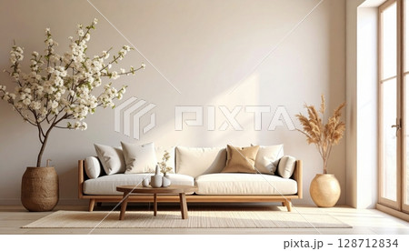 Elegant spring floral arrangement on a table with a white vase Elegant spring floral arrangement on a table with a white vase 128712834