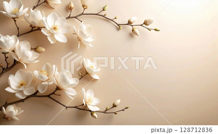 Elegant spring floral arrangement on a table with a white vase 128712836