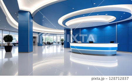 Bright, sleek, and minimalist, this modern office interior, corridor, and building design is a beacon of contemporary architecture 128712837