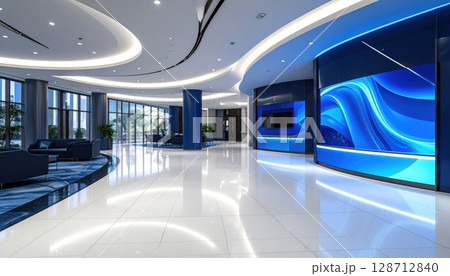 Bright, sleek, and minimalist, this modern office interior, corridor, and building design is a beacon of contemporary architecture 128712840