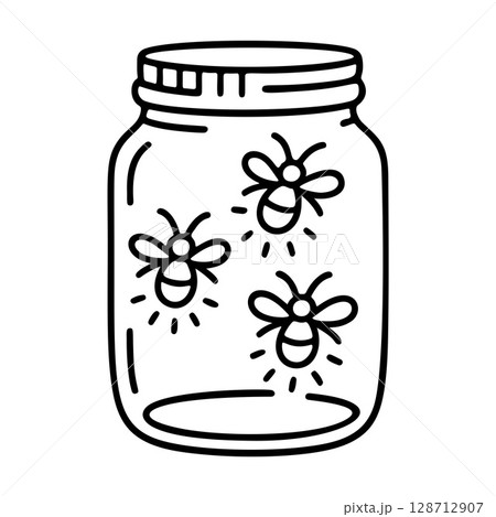 Fireflies in jar black and white icon clean line art, doodle style Fireflies in jar black and white icon clean line art, doodle style 128712907