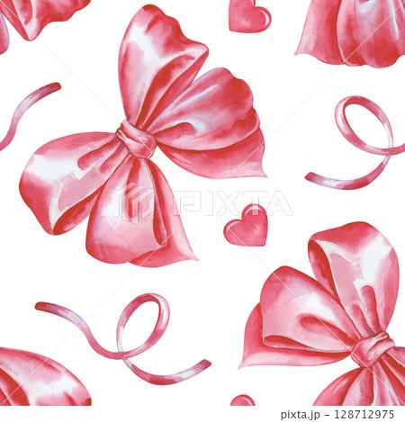 Watercolor seamless pattern with pink bows, ribbons and hearts on a white background. Seamless romantic background. Monochrome template for fabric, wallpaper, packaging, scrapbooking. 128712975