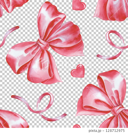 Watercolor seamless pattern with pink bows, ribbons and hearts on a white background. Seamless romantic background. Monochrome template for fabric, wallpaper, packaging, scrapbooking. 128712975