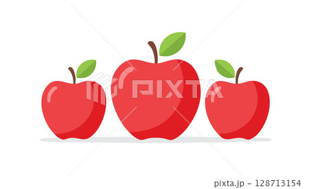 Cartoon-style red apples with bright reflections, sitting on a smooth white floor. 128713154