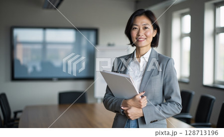 Confident Businesswoman in Gray Blazer Holding a Notebook in Modern Office Setting 128713196