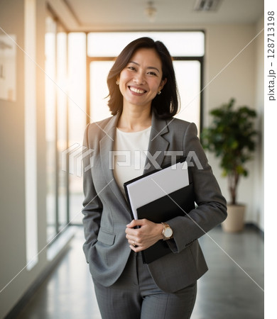 Professional Asian Woman in Business Attire Holding Documents in Modern Office Environment 128713198