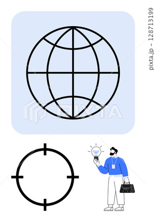 Globe symbolizing connectivity, target icon representing focus, and businessman with a bright idea. Ideal for business strategy, innovation, global reach, technology, entrepreneurship, strategic 128713199