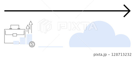 Briefcase, financial bars, dollar coin and arrow point toward blue cloud, symbolizing progress. Ideal for business, finance, growth, future planning success strategy investment. Line metaphor 128713232