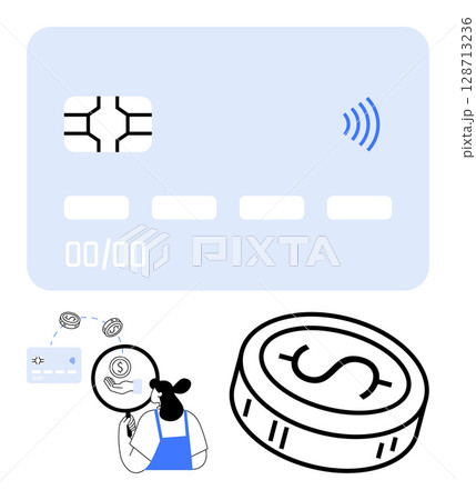 Large credit card with chip and signal, large coin, person viewing dollar sign on screen. Ideal for finance, banking, technology, e-commerce, investment advertising mobile payments. Line metaphor 128713236