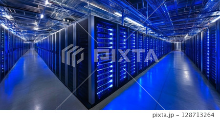 Data Center Multiple Rows Operational Server Racks. Modern Telecommunications, Cloud Computing, Artificial Intelligence, Database 128713264