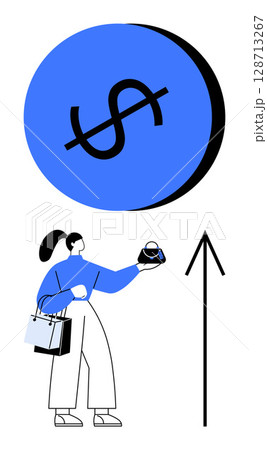 Woman holding a coffee cup and shopping bag looks at a rising arrow under a large blue circle with a dollar sign. Ideal for finance, growth, investment, shopping, retail, economic trends. Line Woman holding a coffee cup and shopping bag looks at a rising arrow under a large blue circle with a dollar sign. Ideal for finance, growth, investment, shopping, retail, economic trends. Line 128713267