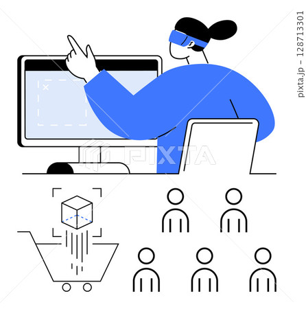 Person using AR headset pointing at computer screen, shopping cart with virtual object, and six people symbols. Ideal for technology, AR, VR, e-commerce, user interface, digital marketing, customer 128713301