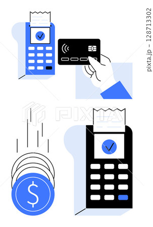 Hand using a contactless credit card with a card reader. Coins falling beside another card reader. Ideal for finance, retail, e-commerce, payment solutions, banking, technology transactions. Line Hand using a contactless credit card with a card reader. Coins falling beside another card reader. Ideal for finance, retail, e-commerce, payment solutions, banking, technology transactions. Line 128713302