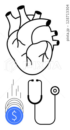 Human heart illustration connected to a stethoscope, with falling coins indicating healthcare expenses. Ideal for topics thumbs up healthcare, medical economics, insurance policies, cardiovascular 128713304