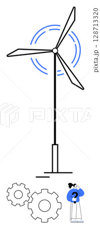 Wind turbine rotating with a person in blue nearby, contemplating its operation, next to large gears. Ideal for innovation, technology, renewable energy, engineering, sustainability, environmental 128713320