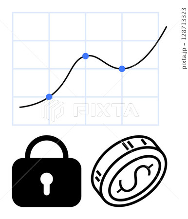 Line chart with three data points indicating growth, black security lock, and dollar coin. Ideal for finance, investment, savings, security, economic analysis, financial tips and educational Line chart with three data points indicating growth, black security lock, and dollar coin. Ideal for finance, investment, savings, security, economic analysis, financial tips and educational 128713323