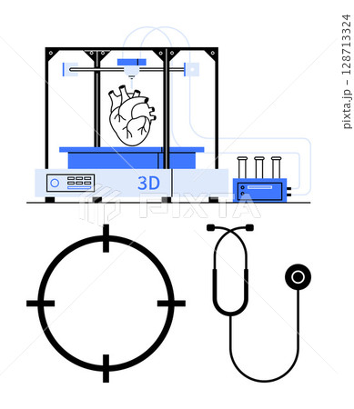 3D printer creating a human heart model, target symbol, and stethoscope. Ideal for medical innovation, healthcare technology, cardiac care, bioprinting, precision medicine, future healthcare 3D printer creating a human heart model, target symbol, and stethoscope. Ideal for medical innovation, healthcare technology, cardiac care, bioprinting, precision medicine, future healthcare 128713324
