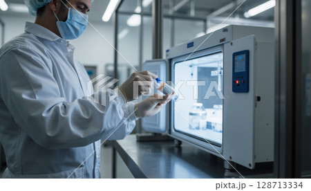 Scientist in Laboratory Opening Cold Storage for Sample Examination and Research Analysis 128713334
