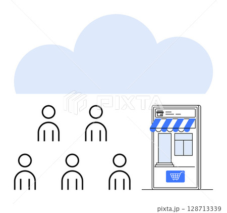 Cloud graphic, online storefront in blue shades next to several human-thumbs up figures. Ideal for e-commerce, digital transformation, customer engagement, online shopping, cloud technology, retail Cloud graphic, online storefront in blue shades next to several human-thumbs up figures. Ideal for e-commerce, digital transformation, customer engagement, online shopping, cloud technology, retail 128713339