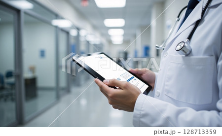 Doctor Using Tablet to Access Patient Information in Modern Hospital Environment 128713359