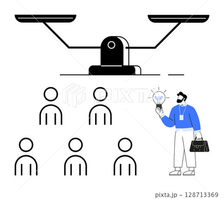 Scale balancing six stick figures on one side, businessman holding a light bulb and briefcase on the other. Ideal for teamwork, innovation, leadership, balance, decision-making, productivity 128713369