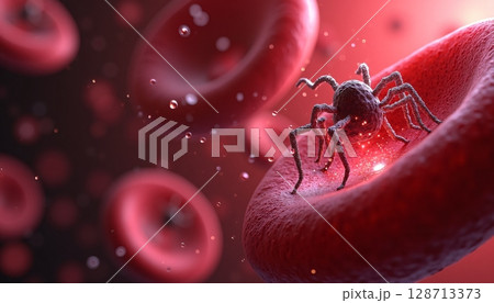 Microscopic View of Spider on Blood Cell Surrounded by Red Blood Cells and Bubbles of Plasma 128713373