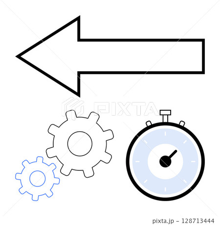 Left arrow two gears in different sizes stopwatch. Ideal for productivity, efficiency, time management, workflow, process improvement, direction, and engineering concepts. Line metaphor 128713444
