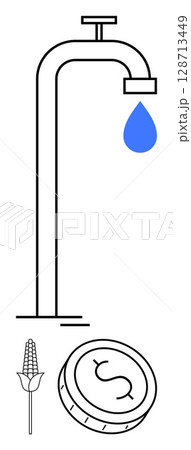 Water tap with blue droplet, coin with dollar sign, and wheat ear illustrating resource management, financial investment, and agriculture. Ideal for sustainability, finance, economy, agriculture Water tap with blue droplet, coin with dollar sign, and wheat ear illustrating resource management, financial investment, and agriculture. Ideal for sustainability, finance, economy, agriculture 128713449