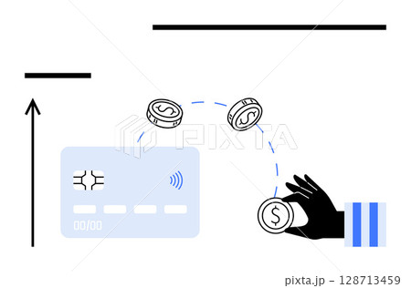 Coins hover above a contactless credit card a hand reaching out. Ideal for finance, banking, e-commerce, digital payments, online transactions, modern economy, cashless society. Line metaphor 128713459