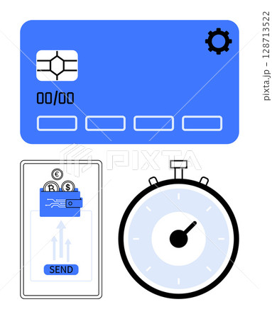 Credit card, mobile transaction interface, and stopwatch present the theme of fast and secure digital payments. Ideal for financial technology, online transactions, cybersecurity, e-commerce, time 128713522
