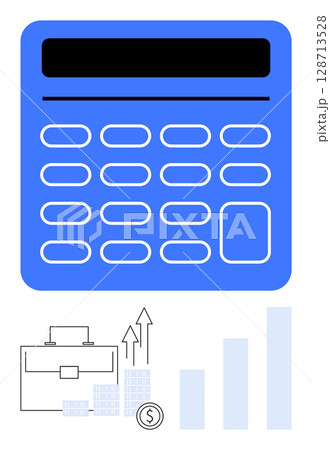 Large blue calculator dominating the top portion, business briefcase icon, arrow indicating growth, stacked coins, and bar chart below. Ideal for financial planning, accounting, business 128713528
