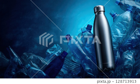 Reusable Bottle Amid Plastic Bottles Promoting Sustainability and Recycling Concept 128713913