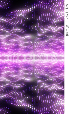 Abstract field of glowing purple light particles in wave-like motion, creating a sense of motion and digital symmetry 128714189