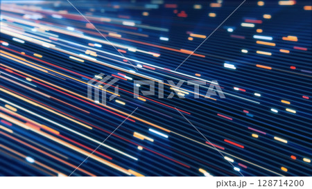 Abstract glowing fiber optic lines in blue and orange colors, creating a high-speed digital communication effect Abstract glowing fiber optic lines in blue and orange colors, creating a high-speed digital communication effect 128714200
