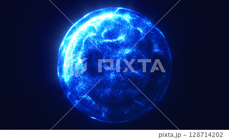 Electric blue glowing sphere formed by dense particles on dark background, symbolizing digital energy or futuristic data flow 128714202