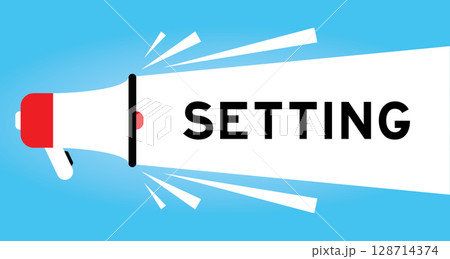 Color megaphone icon with word setting in white banner on blue background 128714374