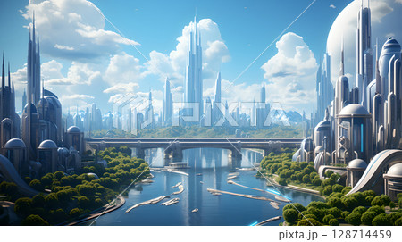 Fantasy magic castle glowing dreamlike floating fantasy. castle in the sky surrounded by magical lights and surreal landscape. Cinematic, high-resolution artwork. 128714459