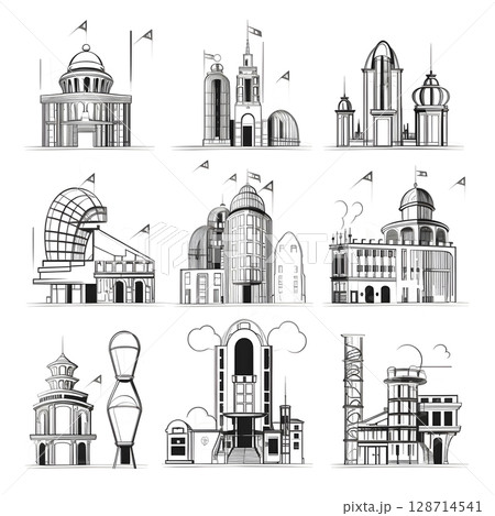 Classic architecture collection with ornate facades and historical styles. 128714541