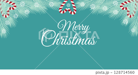 Marry Christmas Text against Pine Twigs and Heart Shaped Striped Candy Canes Top Banner Frame Border 128714560