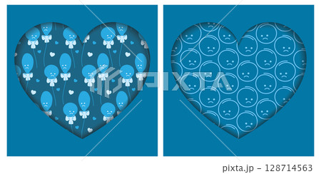 Blue Balloons with hearts and Sad emoticons Seamless Pattern on heart shape Backdrop Paper Cut Fonds 128714563