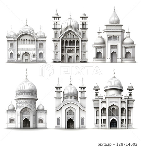 Classic architecture collection with ornate facades and historical styles. 128714602