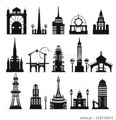 Classic architecture collection with ornate facades and historical styles. 128714625