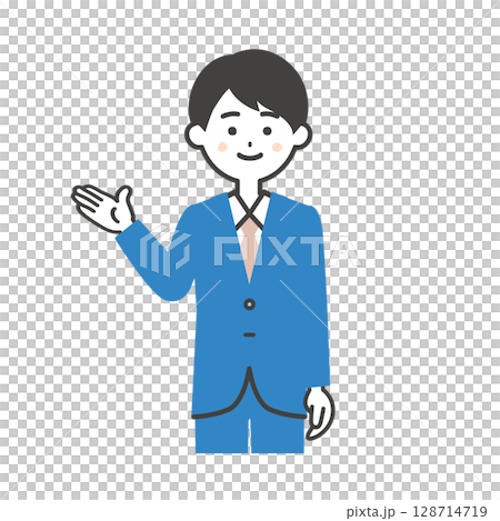 Illustration of a man in a suit pointing 128714719